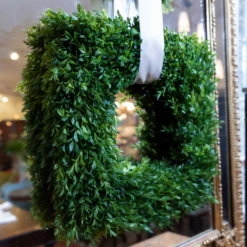 Square Boxwood Wreath -THE HOLIDAY SHOP Boxwood Wreath Hung by Ribbon on Antique Mirror