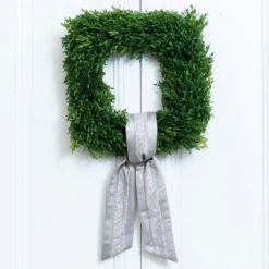 Square Boxwood Wreath -THE HOLIDAY SHOP Fortuny Simboli Wreath Sash on Boxwood