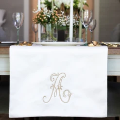 Ivory Table Runner -THE HOLIDAY SHOP Ivory Table Runner with Elaborate Gold Monogram