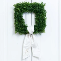 Square Boxwood Wreath -THE HOLIDAY SHOP Monogrammed Wreath Sash on Boxwood
