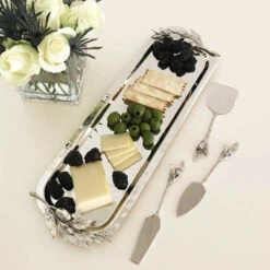 Olive Branch Stainless Steel Tray -THE HOLIDAY SHOP Silver Olive Branch Tray with Cheese Knives
