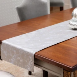 Gold & Silver Grain Reversible Table Runner 10 Gold & Silver Grain Reversible Table Runner -THE HOLIDAY SHOP Silver Side of Runner with Mercury Pumpkins